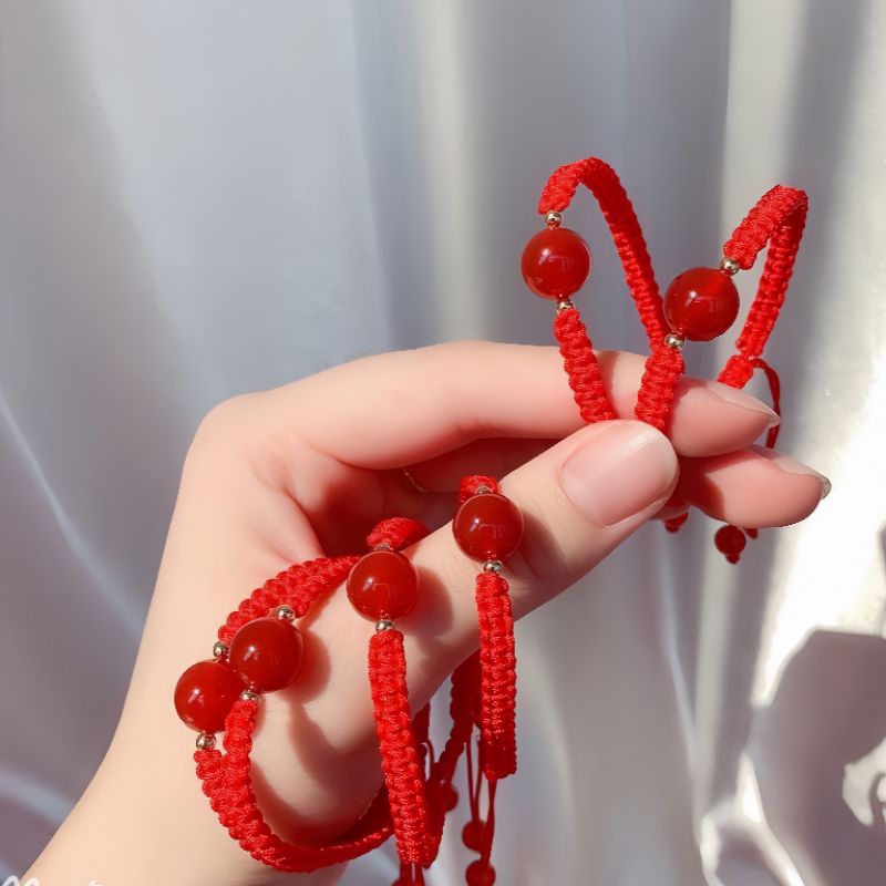 Vòng tay nam nữ đá thach anh đen và đỏ đan dây dù cao cấp có thể điều chỉnh, vòng tay đá thiên nhiên