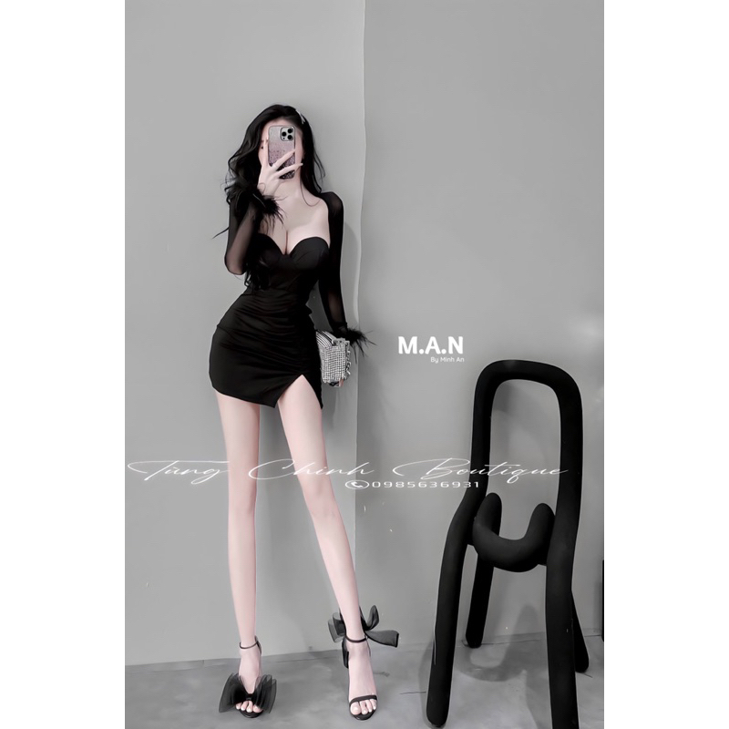 Váy body cúp ngực phối lưới tay lông sang chảnh tôn dáng