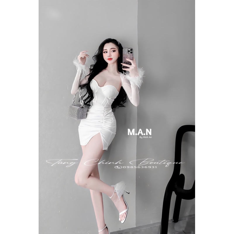 Váy body cúp ngực phối lưới tay lông sang chảnh tôn dáng