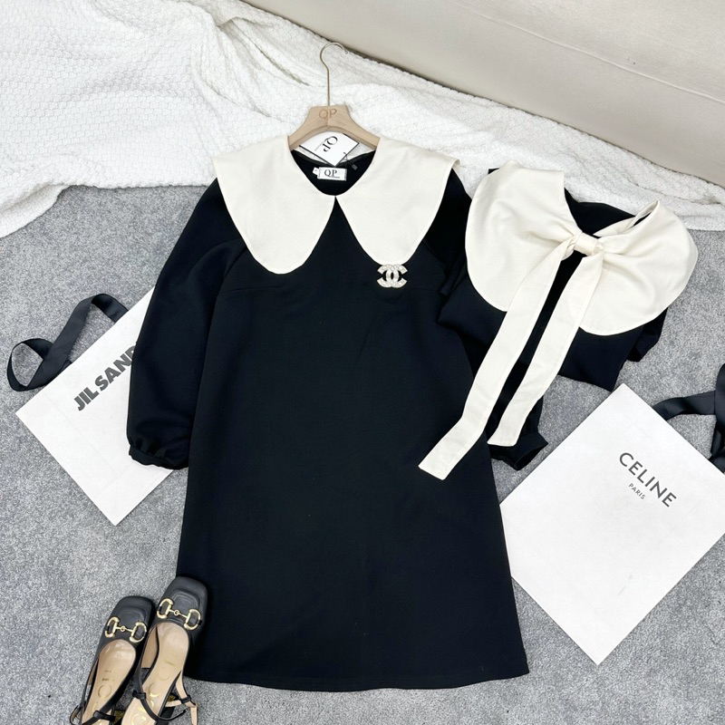 Váy xuông tuyết mưa cổ be nơ lưng