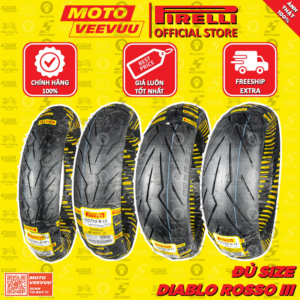 Vỏ lốp xe máy PIRELLI Diablo Rosso 3 đủ size xe số 60 70 80 100 110 140 150 17
