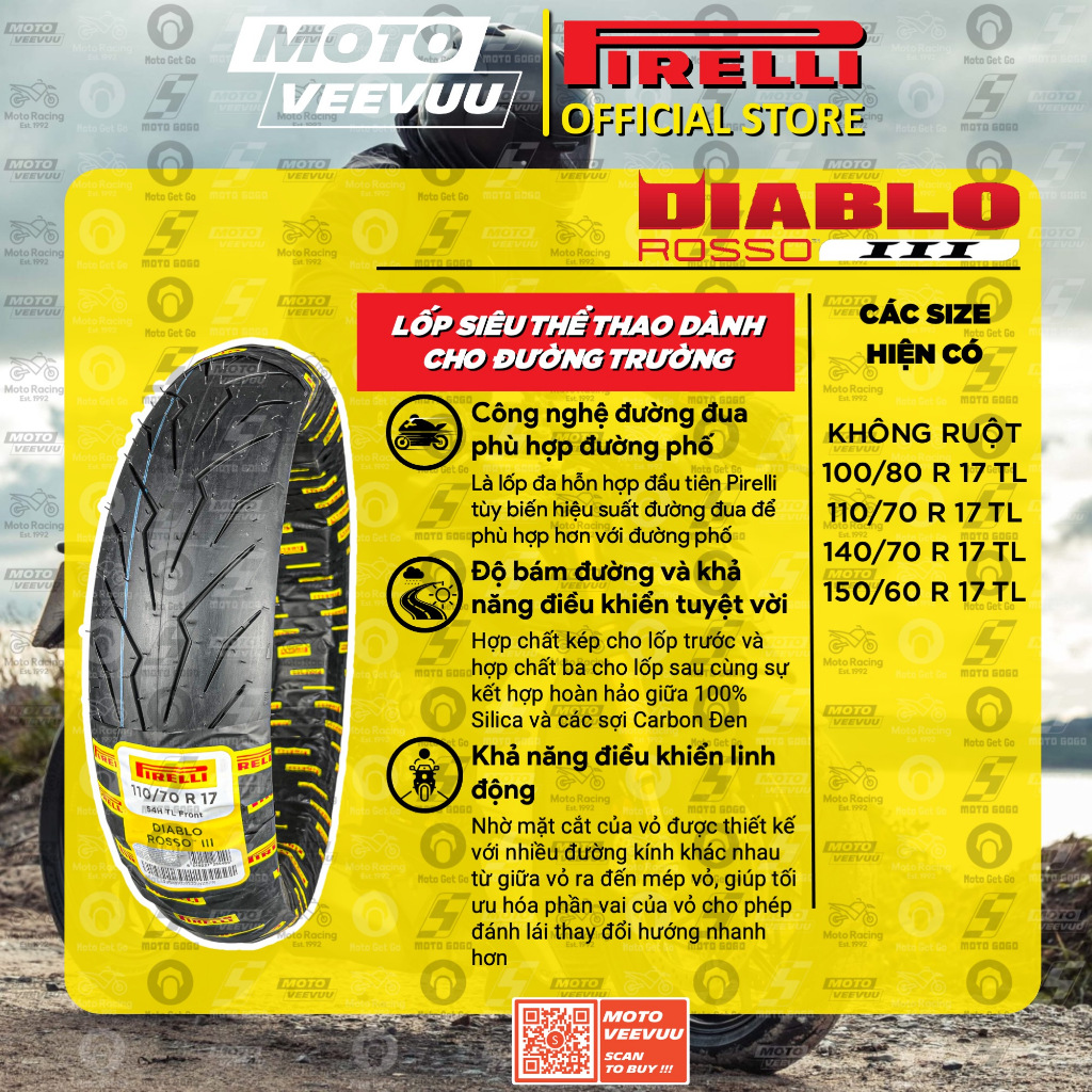 Vỏ lốp xe máy PIRELLI Diablo Rosso 3 đủ size xe số 60 70 80 100 110 140 150 17