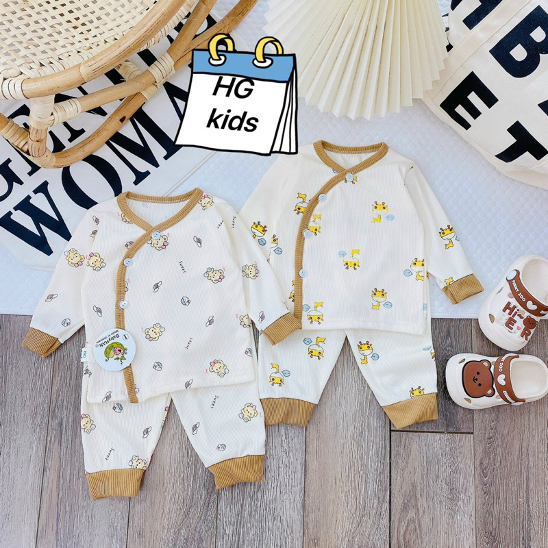 Bộ sơ sinh dài tay tăm gân cho bé, Quần áo thu đông bé trai bé gái khuy chéo Baby