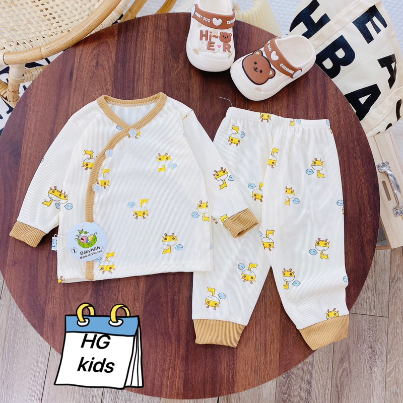 Bộ sơ sinh dài tay tăm gân cho bé, Quần áo thu đông bé trai bé gái khuy chéo Baby