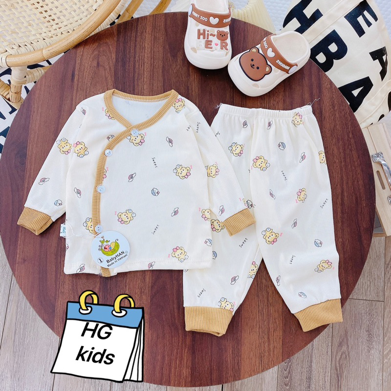 Bộ sơ sinh dài tay tăm gân cho bé, Quần áo thu đông bé trai bé gái khuy chéo Baby