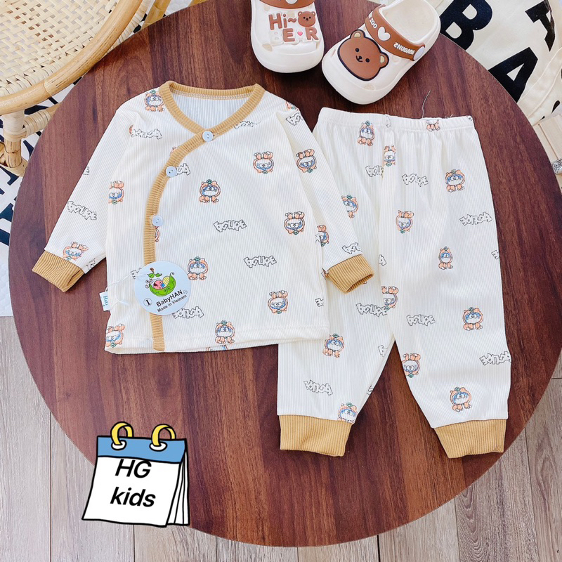 Bộ sơ sinh dài tay tăm gân cho bé, Quần áo thu đông bé trai bé gái khuy chéo Baby