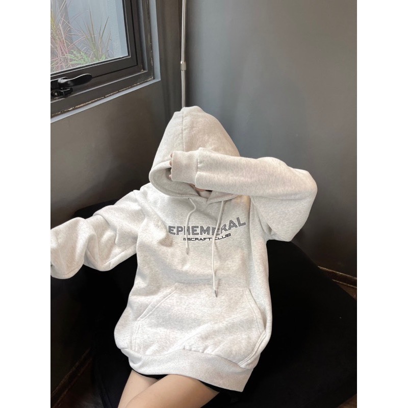 ÁO DOODIE NỈ BÔNG SIÊU DÀY MŨ TO FORM RỘNG MÀU XÁM IN CHỮ NHỎ