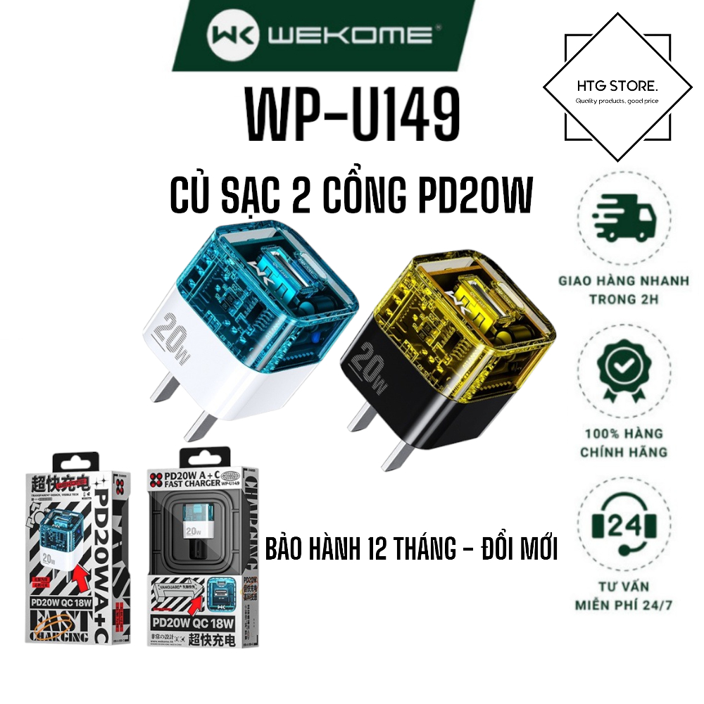 Củ sạc trong suốt Wekome WK WP-U149 sạc nhanh 20w PD Pioneer A + C chân cắm USB và Type-C