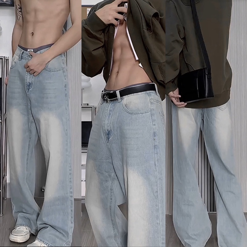 XANH TRẮNG MÂY - JEANS WASH  TRƠN ỐNG RỘNG PHONG CÁCH Y2k PHỦ GÓT HALO KAKI