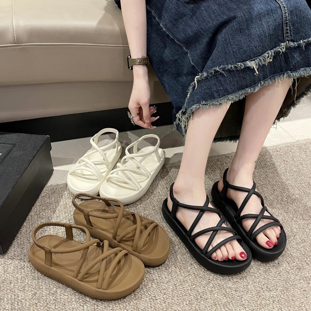 Giày sandal bánh mì Giày QC cao cấp dây đen chéo Giày bánh bèo Sandalbun