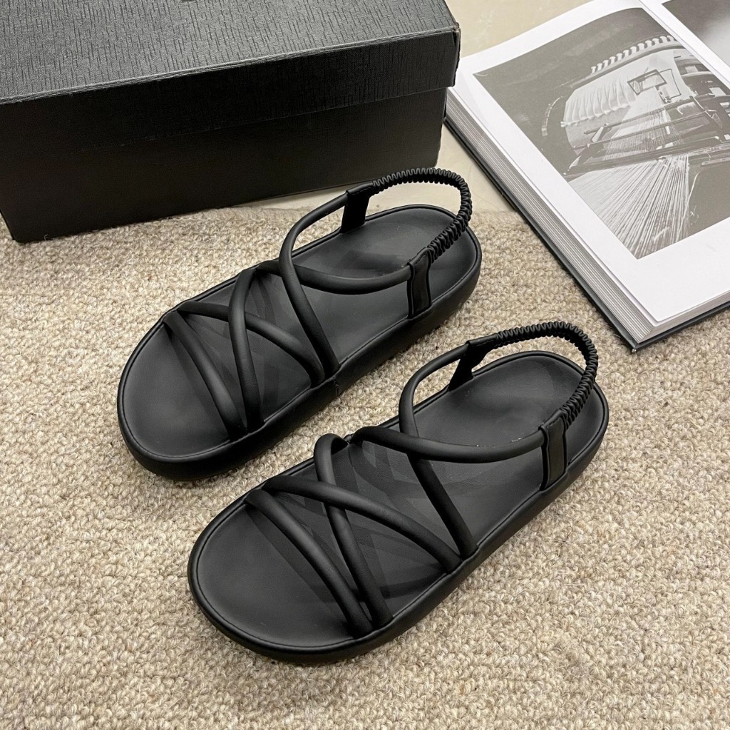 Giày sandal bánh mì Giày QC cao cấp dây đen chéo Giày bánh bèo Sandalbun