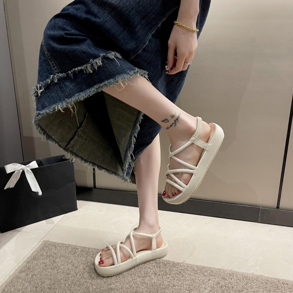 Giày sandal bánh mì Giày QC cao cấp dây đen chéo Giày bánh bèo Sandalbun