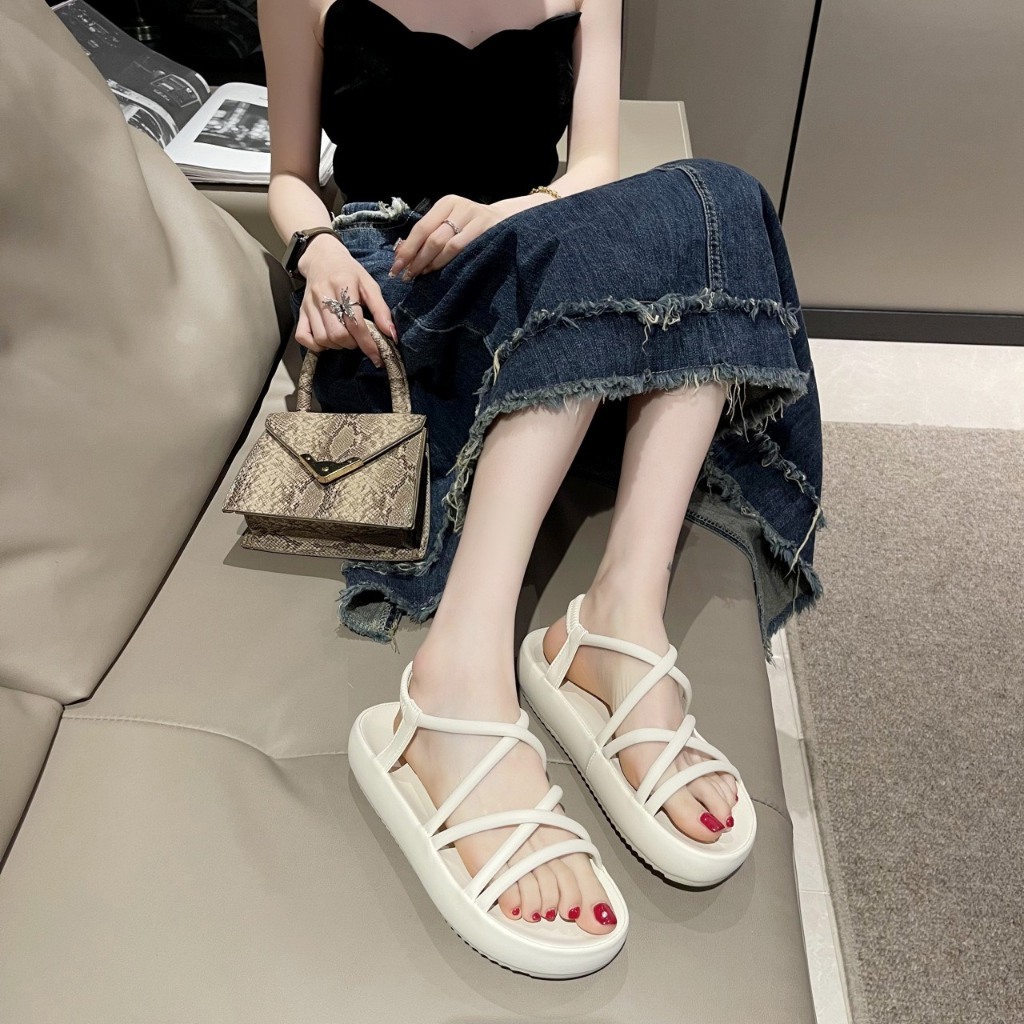 Giày sandal bánh mì Giày QC cao cấp dây đen chéo Giày bánh bèo Sandalbun