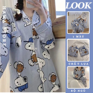 Bộ đồ nữ Pijama lụa dài tay quần dài hoạt hình snoopy doo mặc ở nhà mùa đông chất dày cao cấp chất dày ấm-BND12