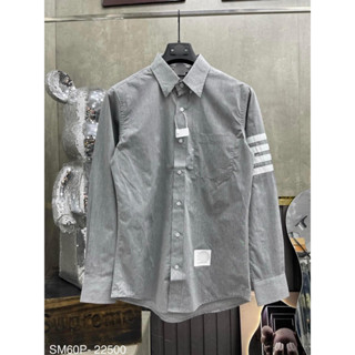 Áo sơ mi nam dài tay màu xám vải thô thêu 4 sọc kẻ trắng tay logo chữ bụng cao cấp boy phố SM60P