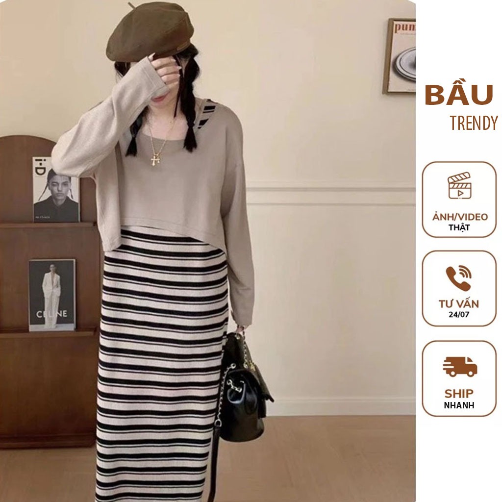 SET VÁY ĐẦM HAI DÂY KÈM ÁO KHOÁC NGOÀI  ĐẦM BẦU THIẾT KẾ ĐẦM KẺ PHỐI ÁO LỆCH VAI PHONG CÁCH TRẺ TRUNG CÁ TÍNH