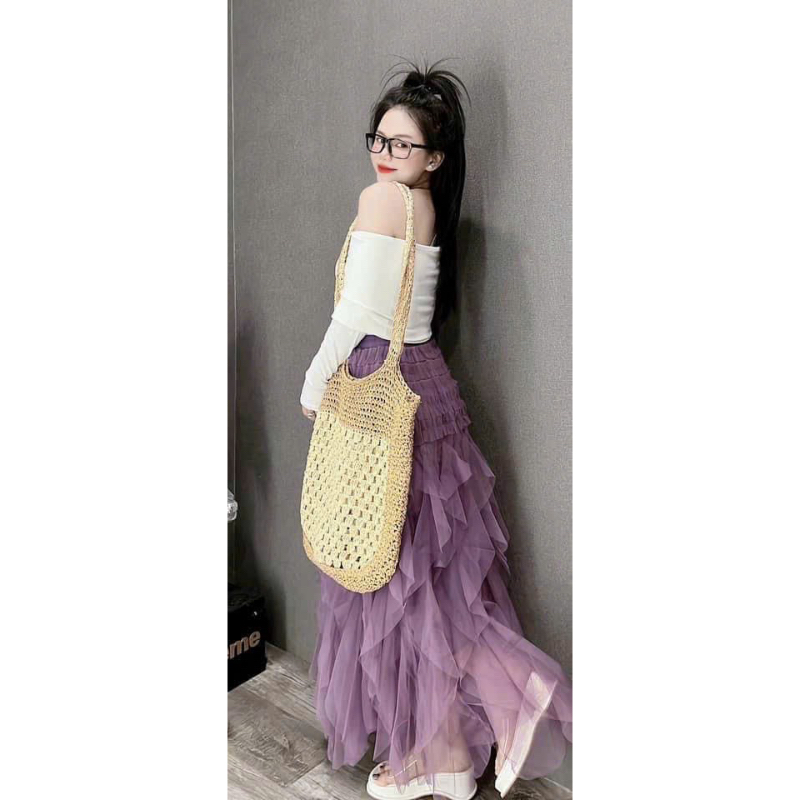Chân Váy DOUYIN lenguyenstore Chất Vải Voan Tầng Xếp Ly Lưng Cao Tua Rua Full Màu