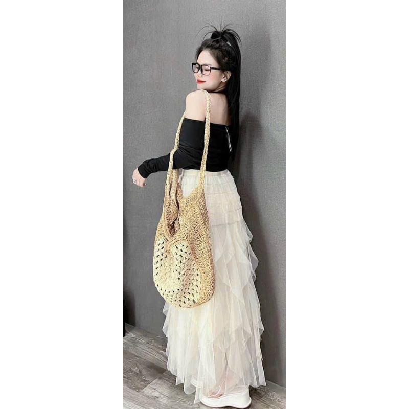 Chân Váy DOUYIN lenguyenstore Chất Vải Voan Tầng Xếp Ly Lưng Cao Tua Rua Full Màu