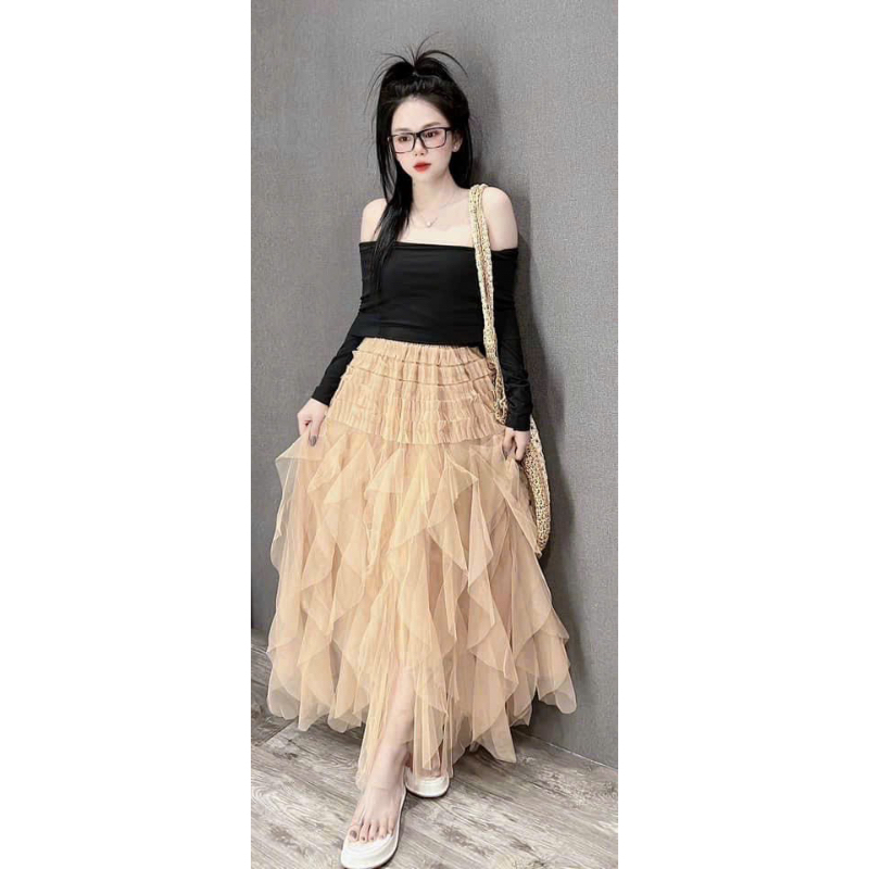 Chân Váy DOUYIN lenguyenstore Chất Vải Voan Tầng Xếp Ly Lưng Cao Tua Rua Full Màu