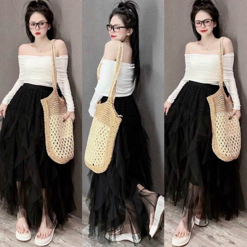 Chân Váy DOUYIN lenguyenstore Chất Vải Voan Tầng Xếp Ly Lưng Cao Tua Rua Full Màu