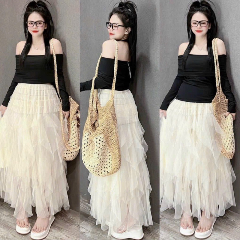 Chân Váy DOUYIN lenguyenstore Chất Vải Voan Tầng Xếp Ly Lưng Cao Tua Rua Full Màu