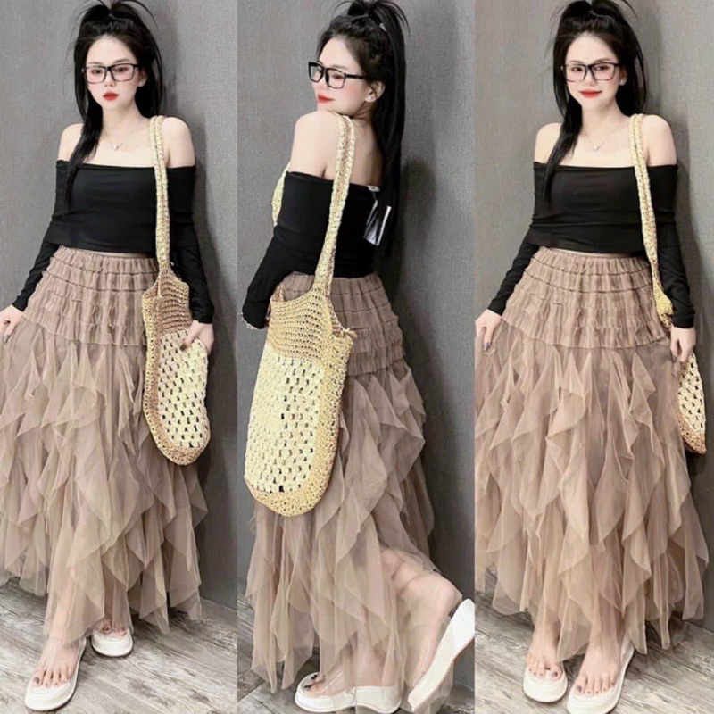 Chân Váy DOUYIN lenguyenstore Chất Vải Voan Tầng Xếp Ly Lưng Cao Tua Rua Full Màu