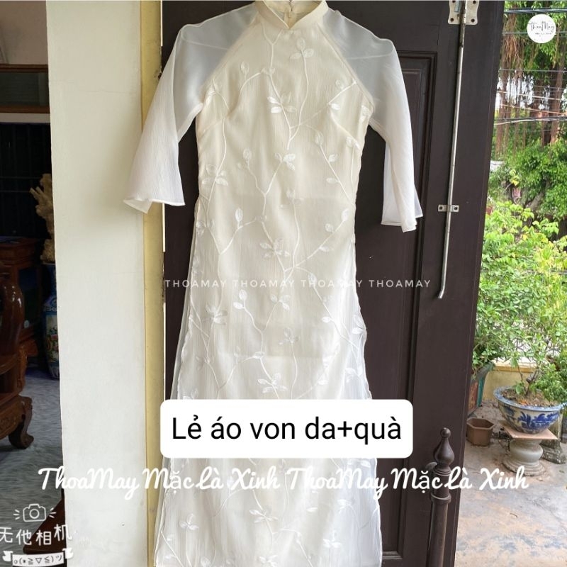 Áo dài xuông 4 tà vải von tơ nhăn thêu kèm quần tv4
