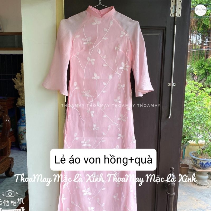 Áo dài xuông 4 tà vải von tơ nhăn thêu kèm quần tv4