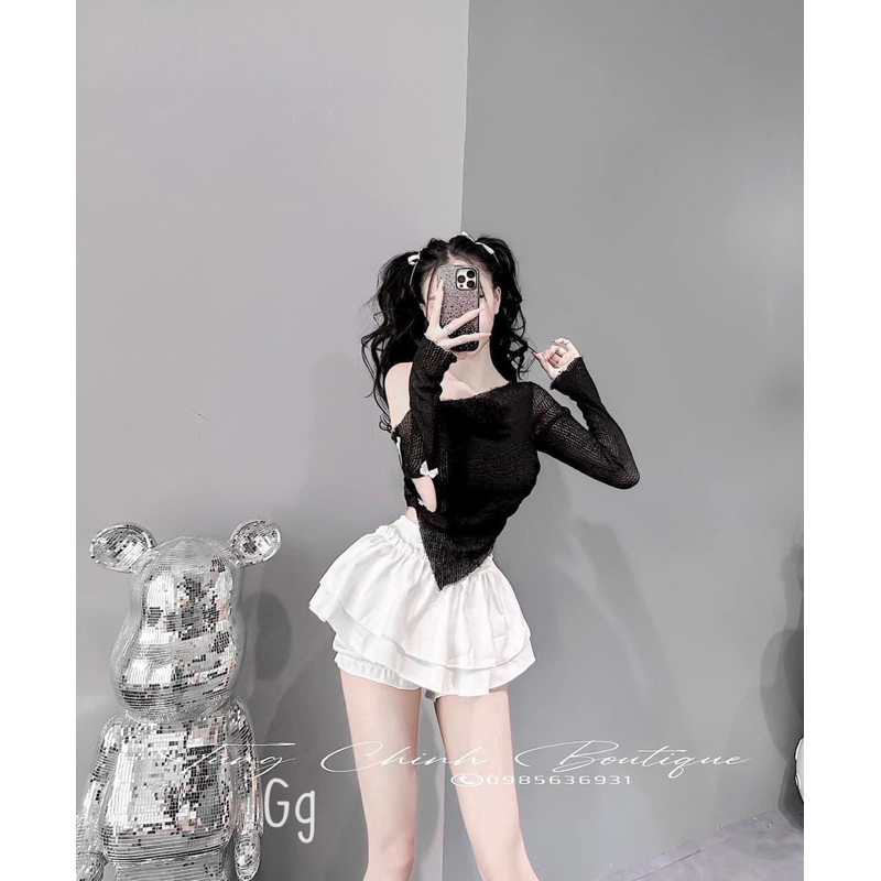 Set áo trễ vai vạt xéo đính nơ kèm chân váy xòe - Bộ 2 món áo trễ vai xốp đính nơ kèm chân váy