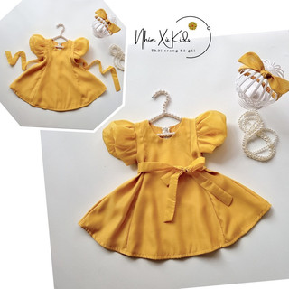 (4-64kg) Đầm Váy Tơ Vàng Tay Bồng Mẹ Và Bé NHÍM XÙ KIDS Chất Lụa Nến Mềm Nhẹ V038