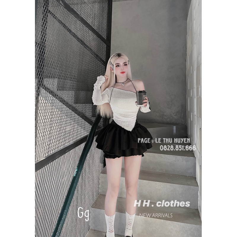 Set áo trễ vai vạt xéo đính nơ kèm chân váy xòe - Bộ 2 món áo trễ vai xốp đính nơ kèm chân váy