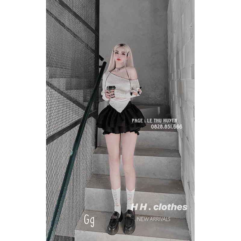 Set áo trễ vai vạt xéo đính nơ kèm chân váy xòe - Bộ 2 món áo trễ vai xốp đính nơ kèm chân váy