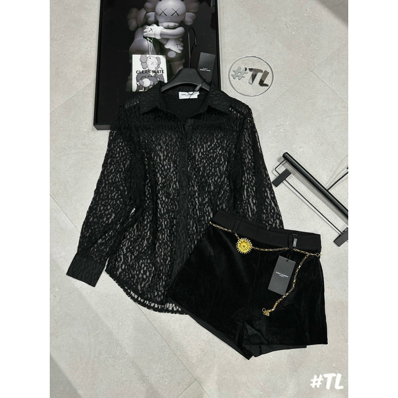 Áo Sơmi Ren Y.S.L Mix Sooc Nhung Kèm Belt Hoa