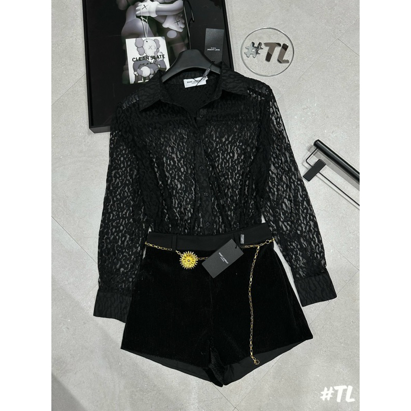 Áo Sơmi Ren Y.S.L Mix Sooc Nhung Kèm Belt Hoa