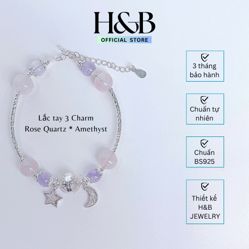 Vòng tay thiết kế 3 charm hồng mix tím H&B Jewelry Bạc S925