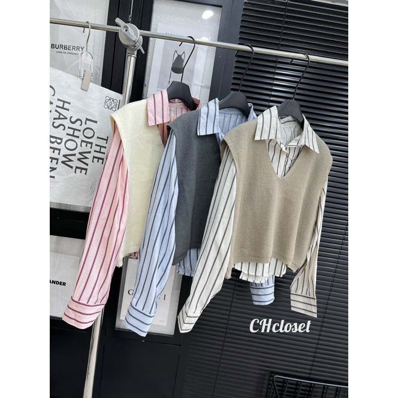 Set áo sơ mi kẻ kèm gile len hàng QC
