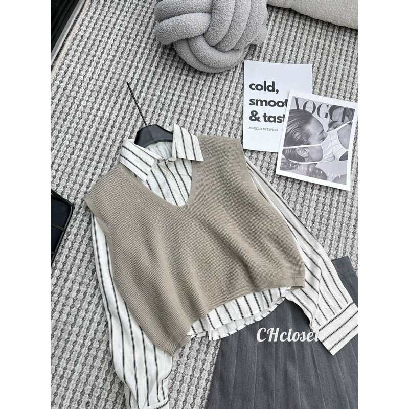 Set áo sơ mi kẻ kèm gile len hàng QC