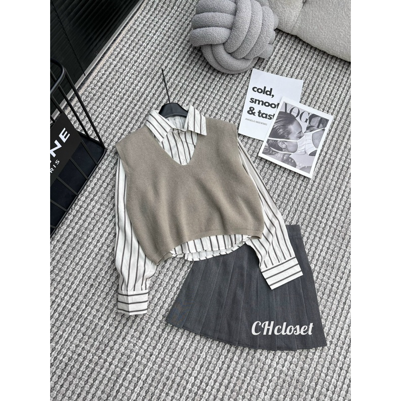 Set áo sơ mi kẻ kèm gile len hàng QC