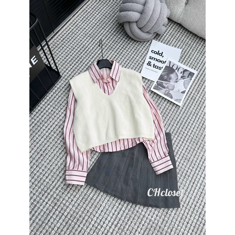 Set áo sơ mi kẻ kèm gile len hàng QC