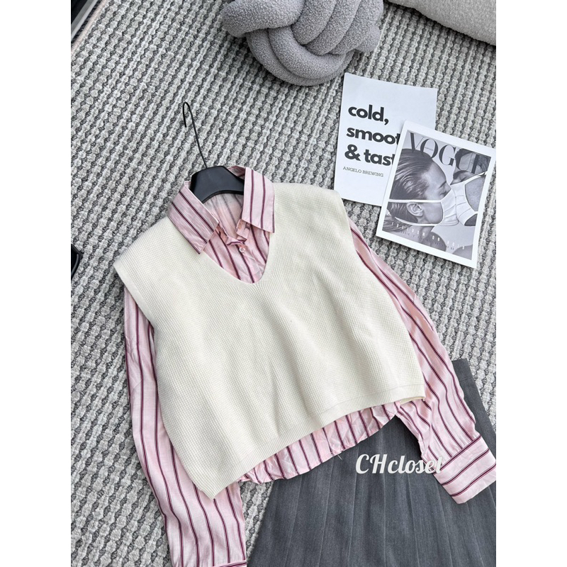 Set áo sơ mi kẻ kèm gile len hàng QC