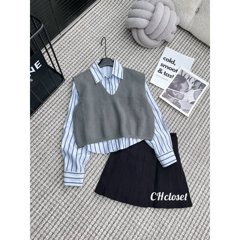 Set áo sơ mi kẻ kèm gile len hàng QC