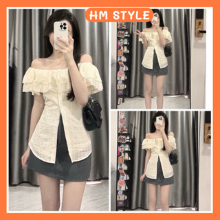 Áo sơ mi trễ vai nữ cộc tay phối bèo chất đũi gân phong cách tiểu thư mã SA818 HMStyle