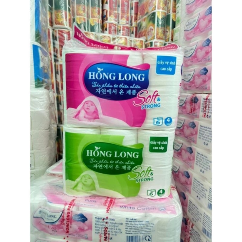 GIẤY CUỘN HỒNG LONG 6 CUỘN ×4 LỚP.MÀU HỒNG KHÔNG LÕI/MÀU XANH CÓ LÕI