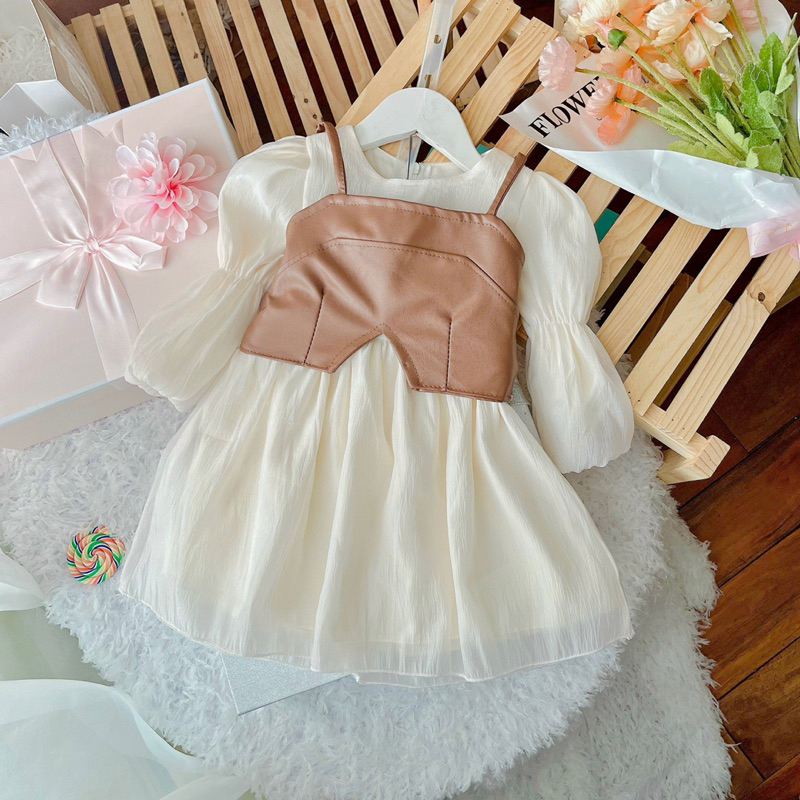Váy cho bé gái từ 8-30kg chất tơ mềm màu kem kèm áo da nâu