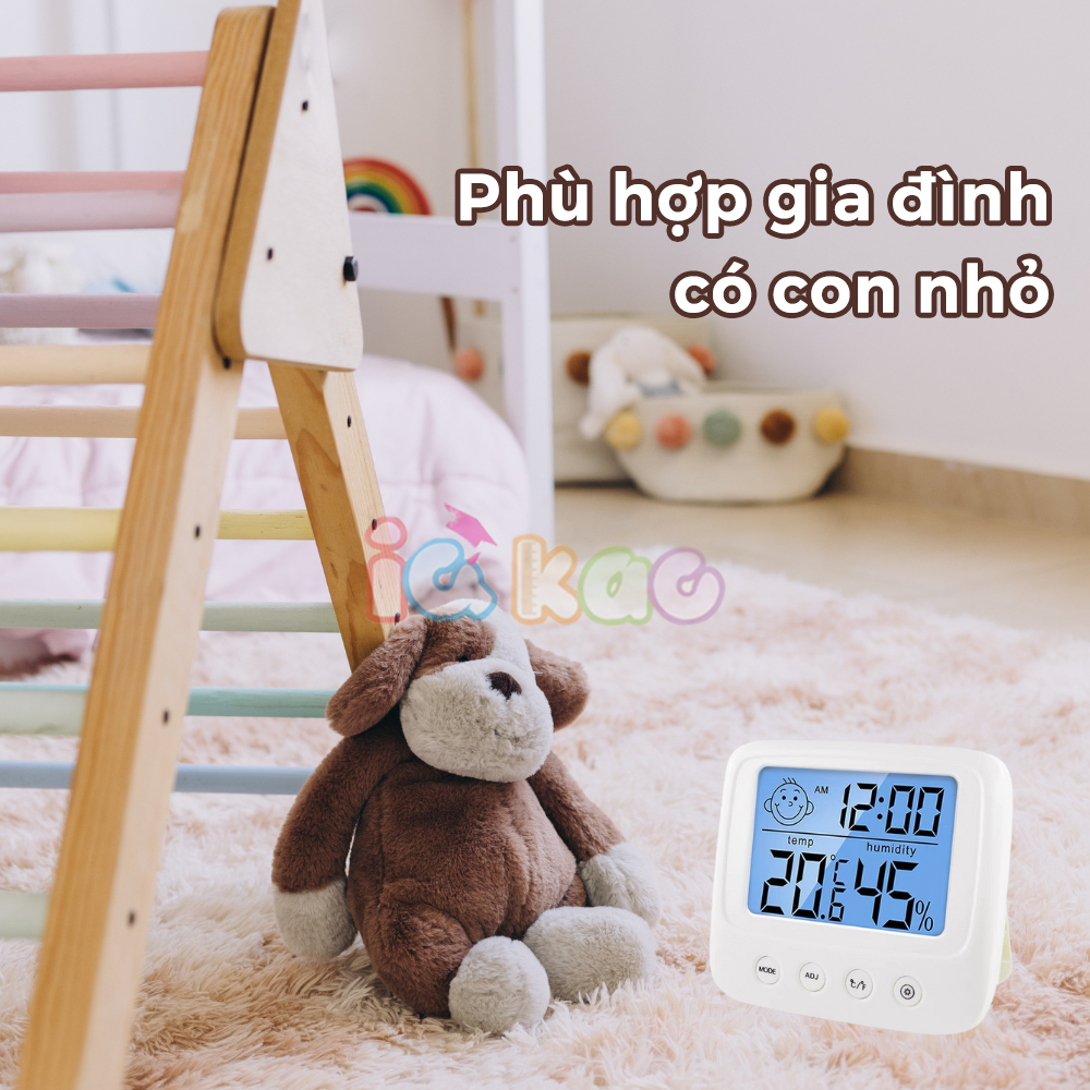 Nhiệt kế điện tử cao cấp đo phòng cho bé, 3 trong 1 đo nhiệt độ, độ ẩm và xem giờ đa năng, tiện dụng IQ Kao