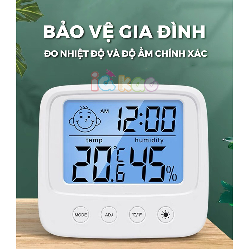 Nhiệt kế điện tử cao cấp đo phòng cho bé, 3 trong 1 đo nhiệt độ, độ ẩm và xem giờ đa năng, tiện dụng IQ Kao