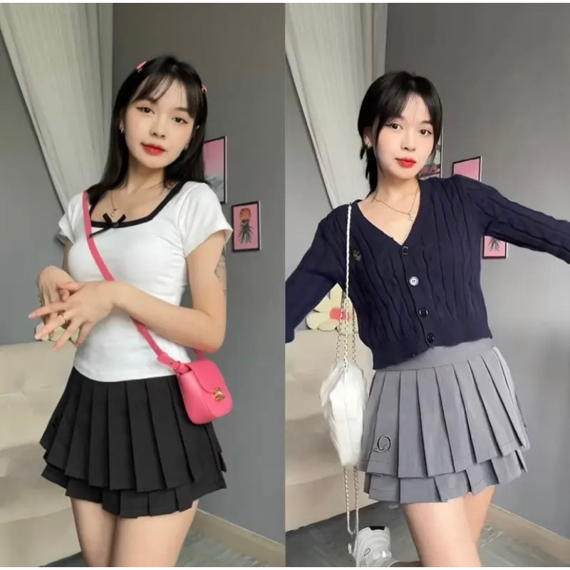 Chân váy ngắn xếp ly tennis xoè thêu chữ Q có lót quần màu xám , đen Mã 0106