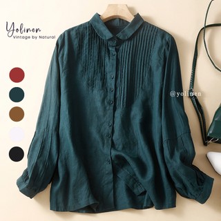  Áo sơ mi cổ sen xếp ly ngực sang trọng YOLINEN tay dài form rộng vải linen xanh cổ vịt ASM02 