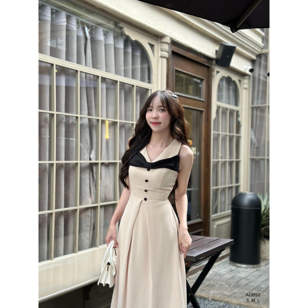 Đầm maxi sát nách cổ V nơ ngực nhẹ nhàng vintage CHIBEST ADB92
