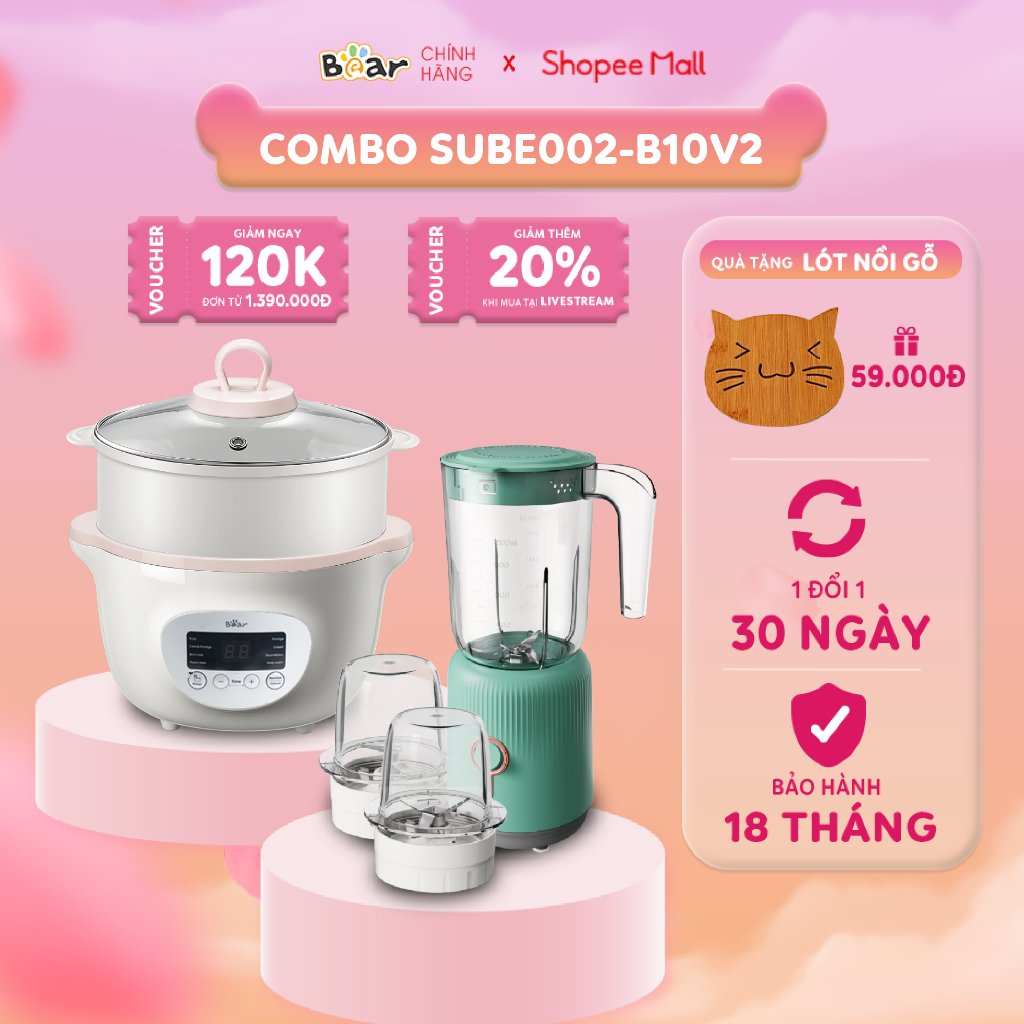 Combo Nồi Nấu Chậm 1,6L Bear SUBE002 và Máy xay ăn dặm đa năng 3 cối B10V2 nấu cháo, chưng yến, ăn dặm tiện dụng